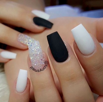 Chic Nail Art: Modern Black, White, and Glitter Design for Any Occasion