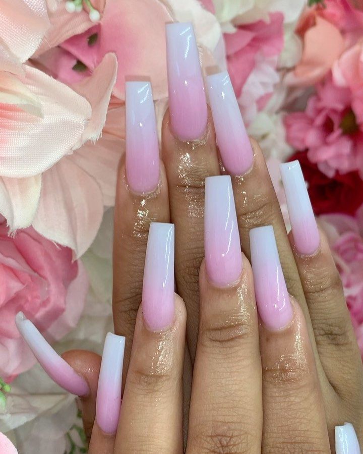 Trendy Ombre Nail Design: Long Square Tips with Light to Vibrant Pink Gradient and Glossy Finish.