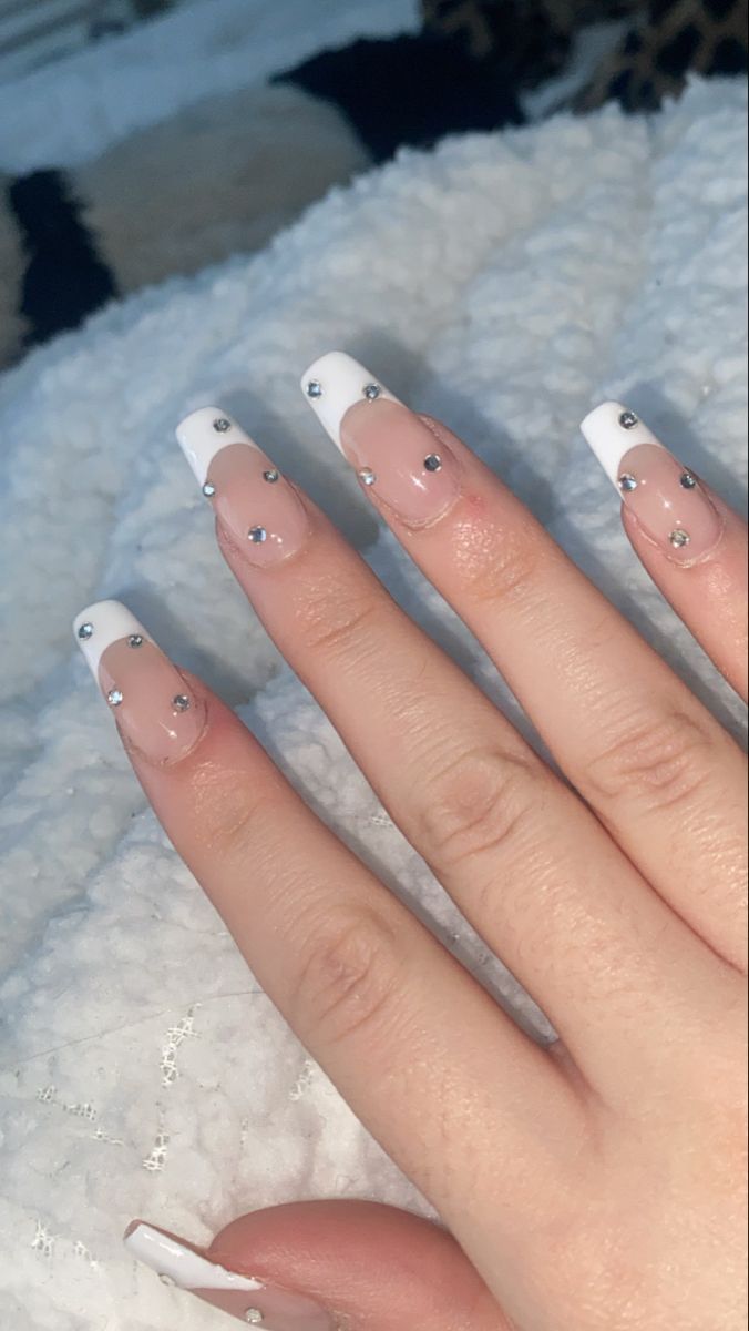 Sophisticated French Manicure with Rhinestone-Embellished Long Square Tips