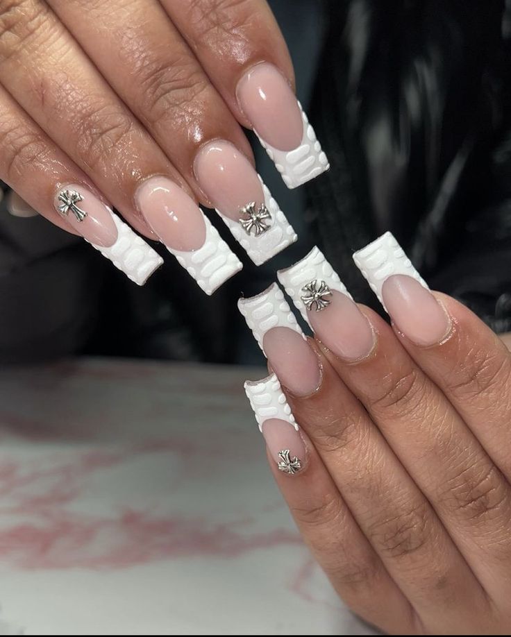 Chic Long Square Acrylic Nails with Textured White Tips and Metallic Accents