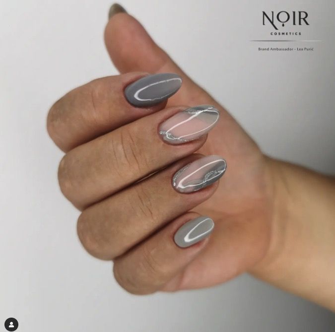 Chic Muted Gray Nail Design with Elegant Matte-Gloss Finish and Abstract Silver Lines