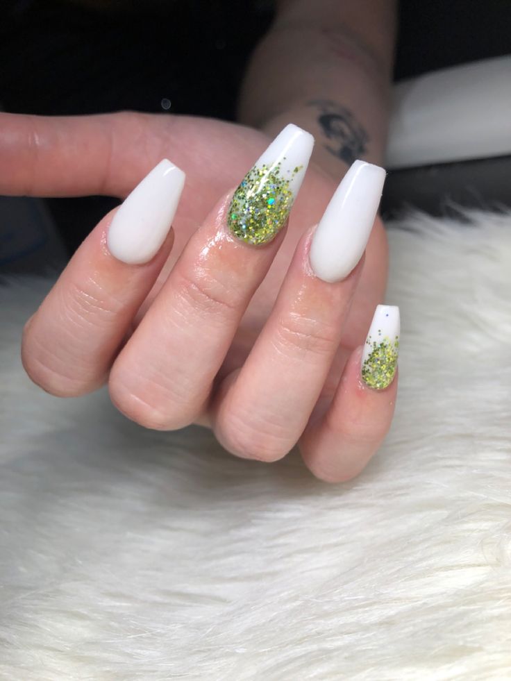 Modern White and Green Glitter Nail Design with Sharp Square Tips