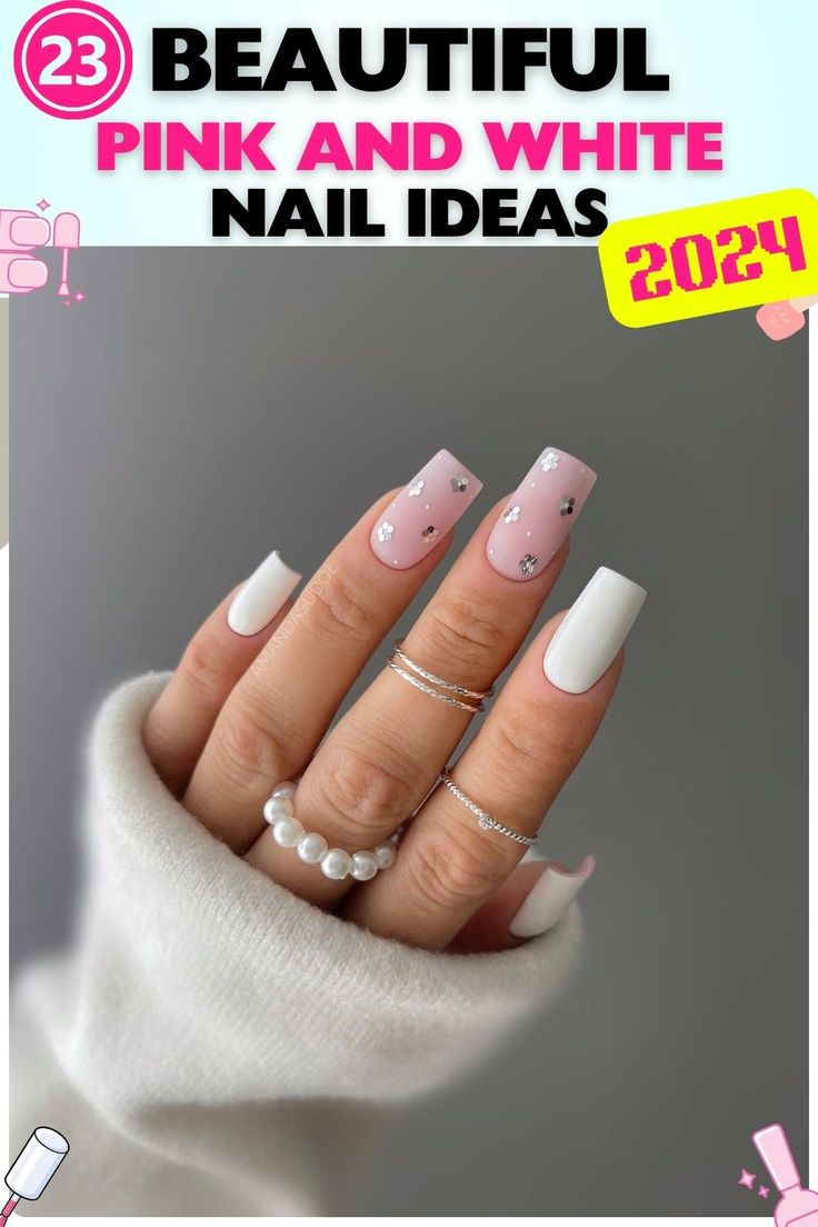 Chic Pink and White Nail Design with Glossy, Matte Finishes and Rhinestone Embellishments for a Trendy Statement.