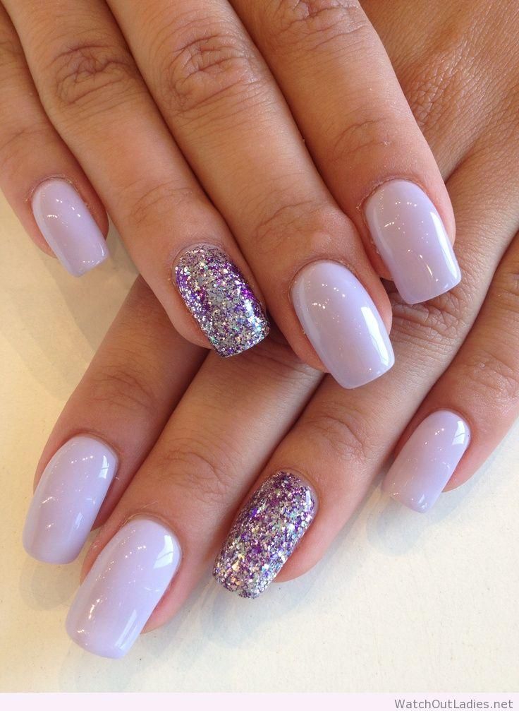 Sophisticated Lavender Nail Design with Glamorous Glitter Accent.