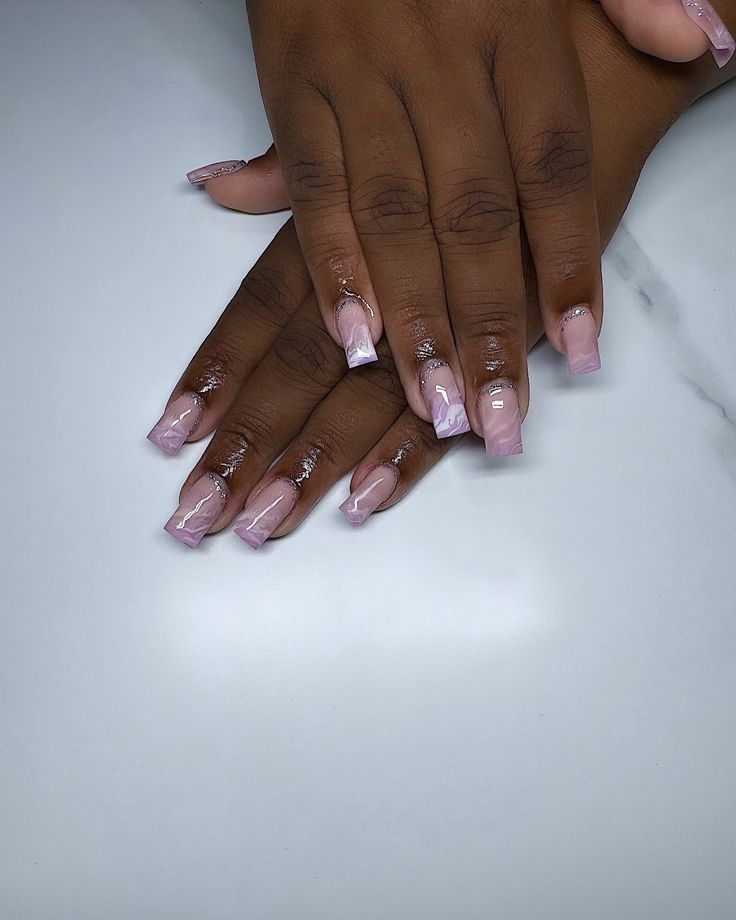 Chic Soft Pink Gradient Nail Design with Square Tips and Subtle Marbling