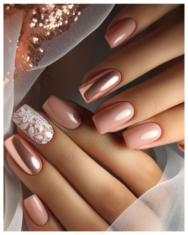 Chic Elegant Nail Design: Soft Nude Palette with Metallic Accents and Floral Detail