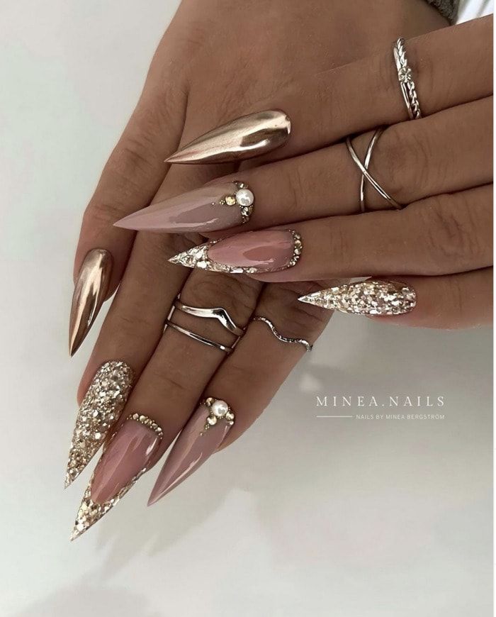 Sophisticated Nail Design Featuring Elegant Lengths, Finishes, and Glamorous Accents.