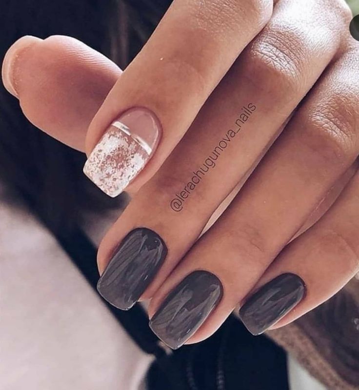 Chic Dark Gray and Soft Pink Nail Design with Glitter Accent.