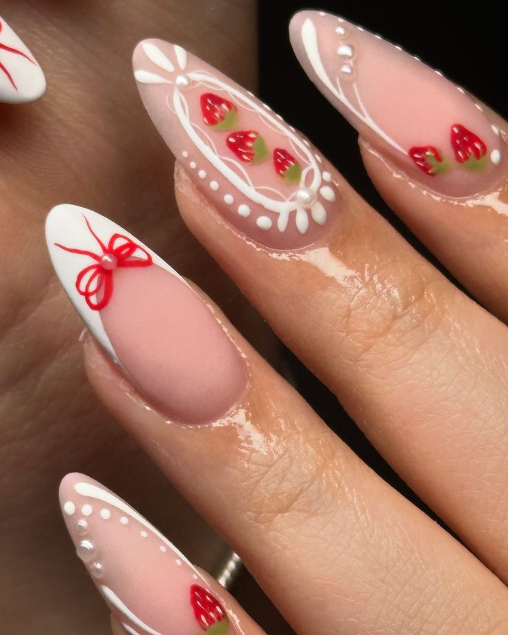 Whimsical Summer-Inspired Nail Design with Soft Pink, White, and Vibrant Red Accents.