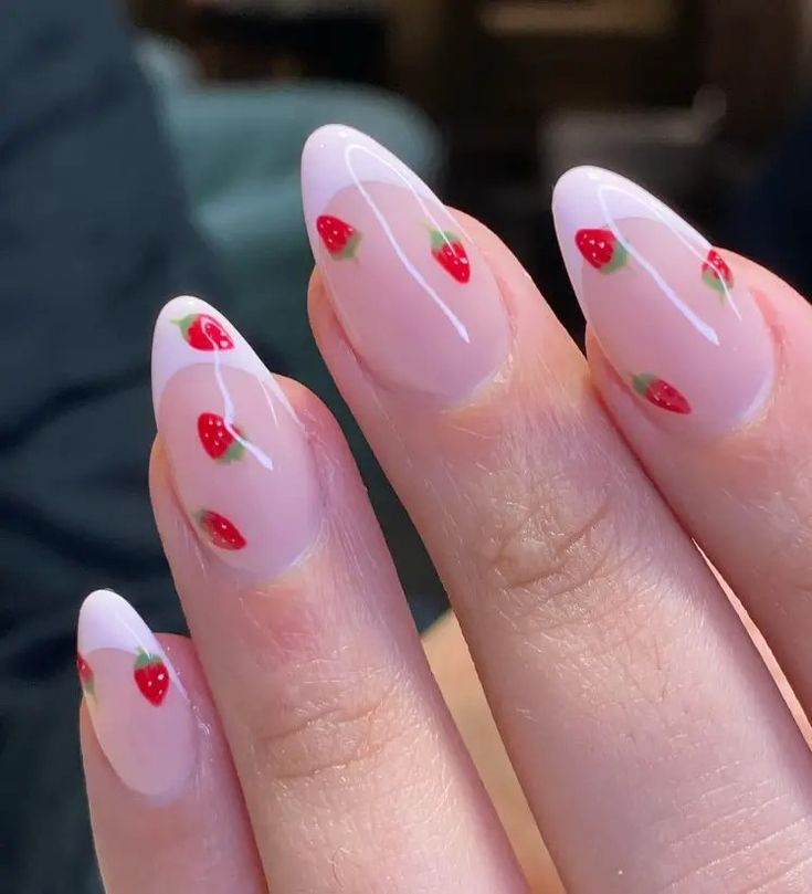 Charming Almond-Shaped Nails with Delicate Strawberry Designs and Sophisticated Touches