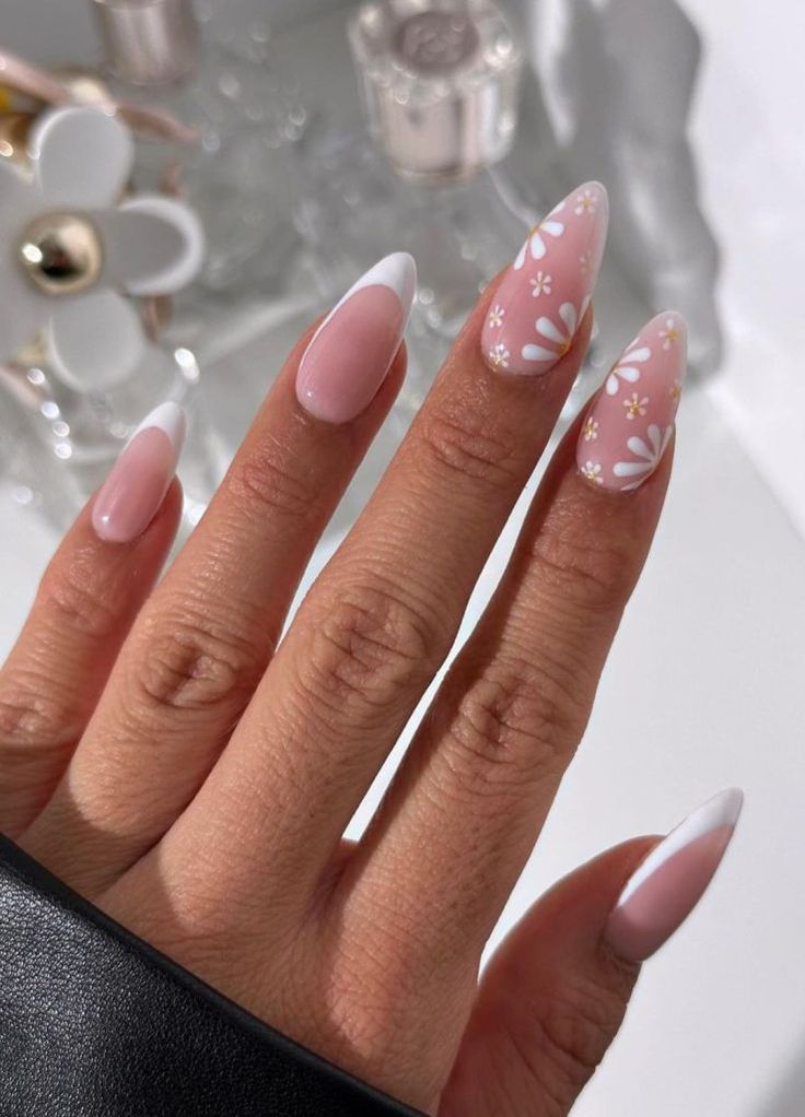 Chic Elegant Almond-Shaped Nails: Soft Pink with White Tips and Delicate Floral Accents.