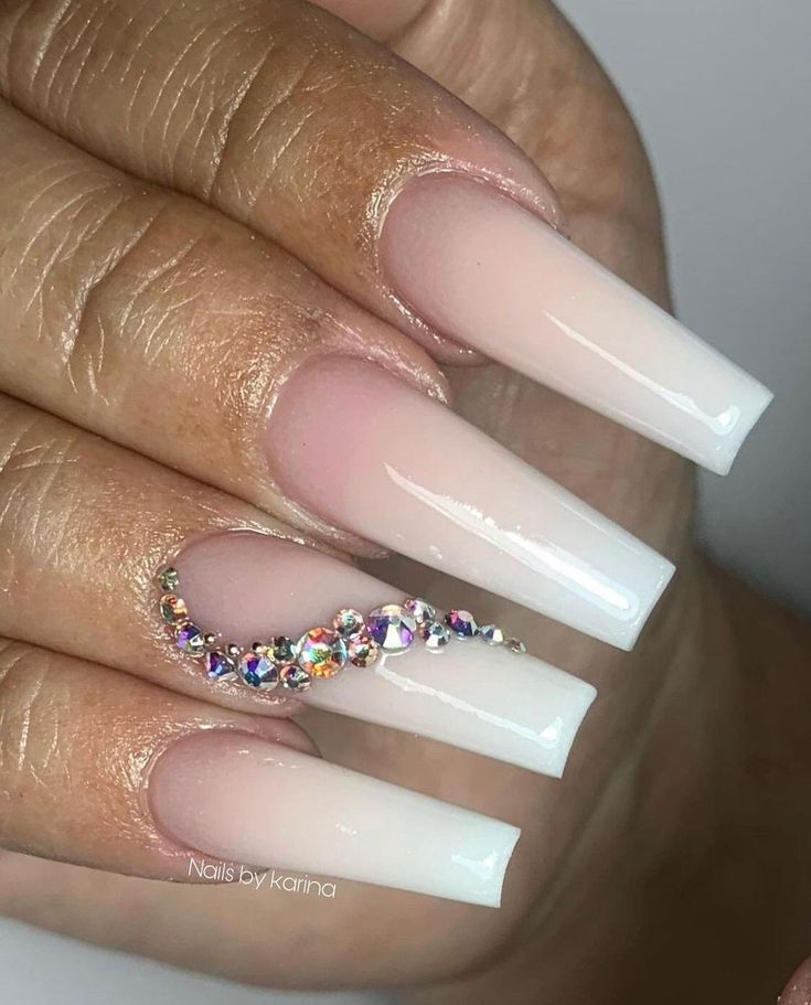 Sophisticated Long Square Nails with Pink-White Ombre and Rhinestone Accent.