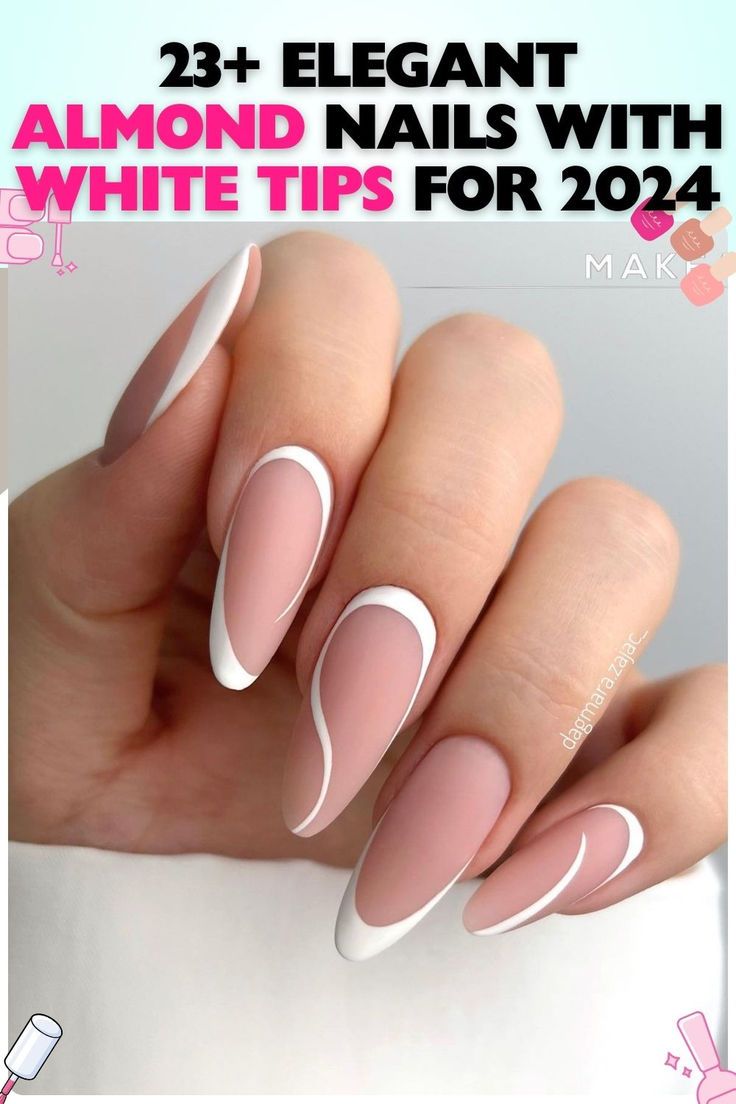 Chic Almond-Shaped Nails: Soft Nude with Striking White Tips and Artistic Matte Finish