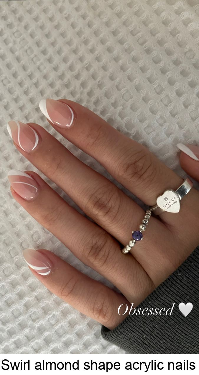 Elegant Swirl Almond-Shaped Acrylic Nails: A Stylish Twist on Classic French Manicure