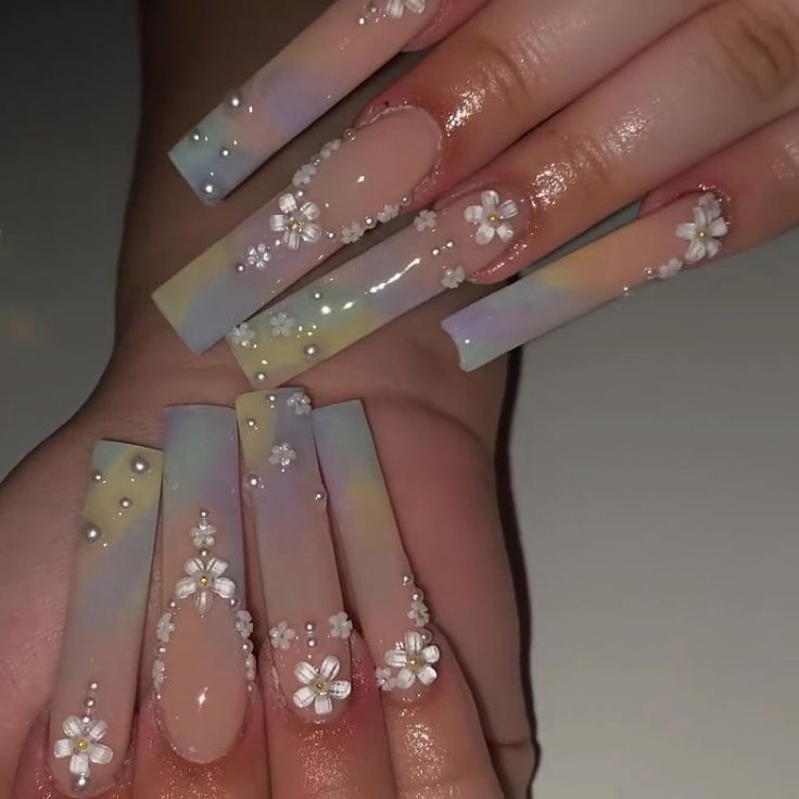 Charming Pastel Gradient Long Nails with Floral Designs and Pearls.