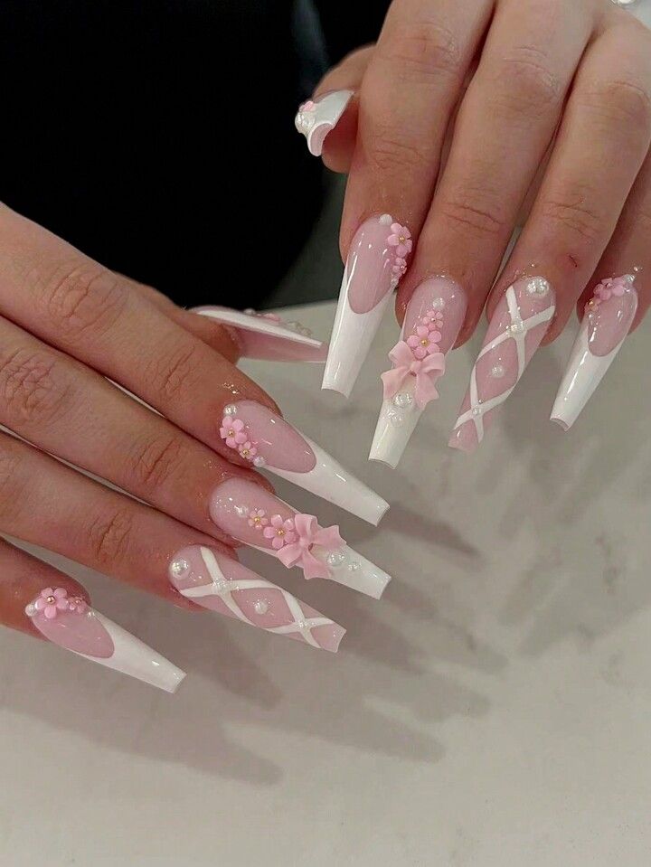 Sophisticated Elegant Nail Design with Soft Pink, White, and Intricate Floral Accents.