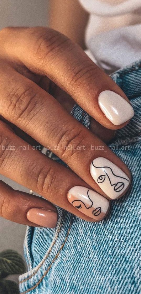 Chic Minimalist Nail Design: Elegant Line Drawings in Soft Neutrals with Shiny Nude Base.