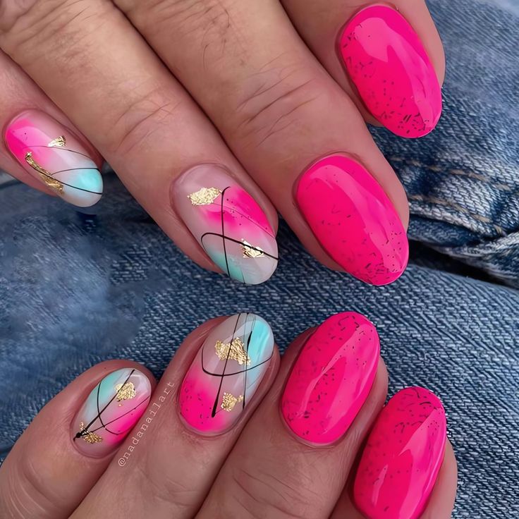 Chic Vibrant Nail Art: Bright Pink and Pastel Blue with Gold Accents and Black Lines.