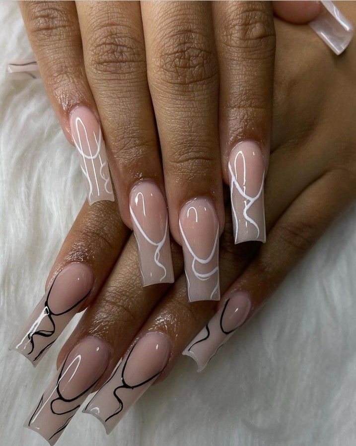 Sophisticated Elegant Nail Design: Soft Nude Base with Striking Abstract Line Art in Black and White