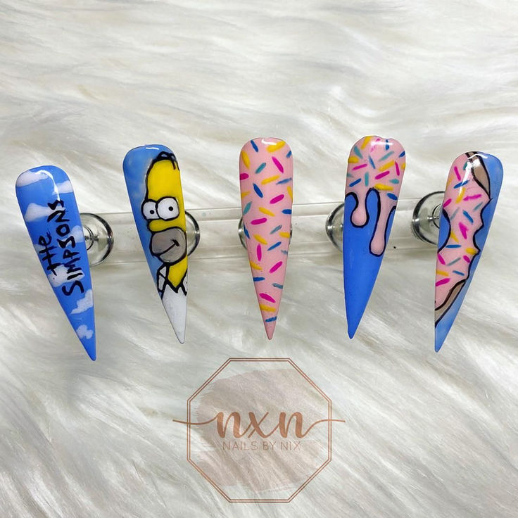 Whimsical Animated Series-Themed Nail Art in Vibrant Stiletto Design