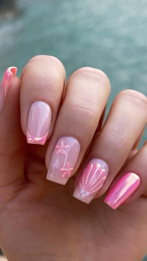 Charming Summer Nail Design: Soft Pink Palette with Glossy and Matte Finishes Accented by Starfish and Shell Motifs.