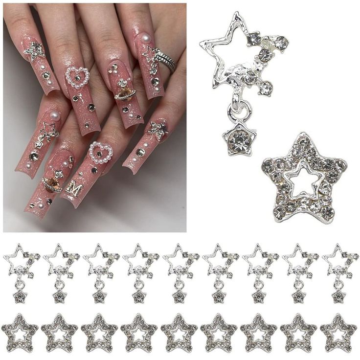 Elegant long acrylic nails adorned with pearls, rhinestones, and whimsical star-shaped charms.