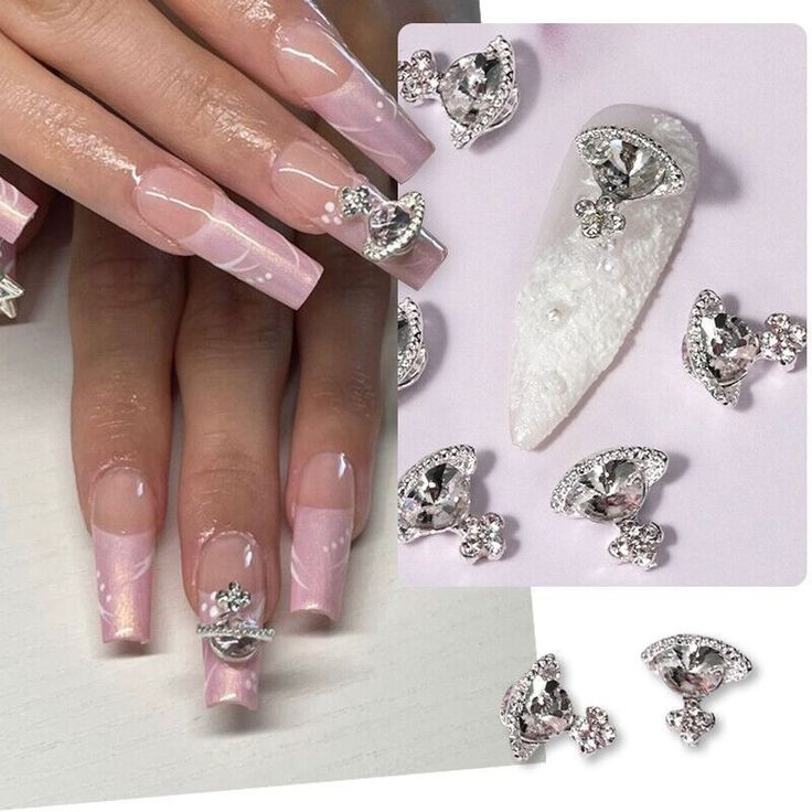 Luxurious Long Pink Ombre Nails with Rhinestone Accents and Glamorous Nail Art Ideas.