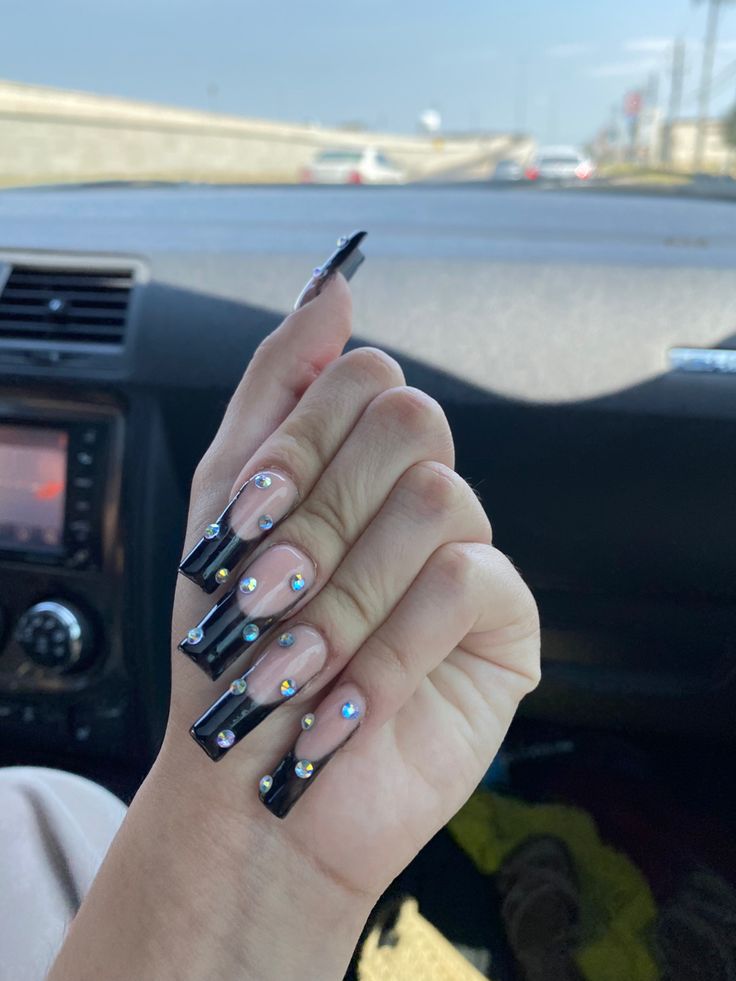 Glamorous Nail Design with Black Tips and Colorful Rhinestones