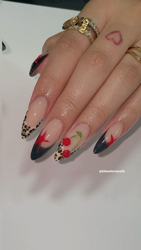 Chic Gradient Nail Art Featuring Leopard Print, Red Cherries, and Whimsical Birds.