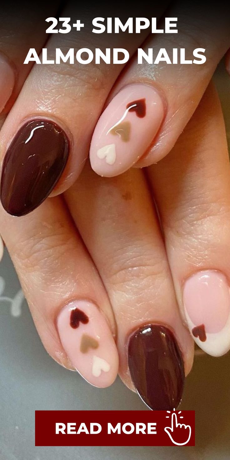 Chic Almond-Shaped Nails with Elegant Brown Finish and Whimsical Heart Accents.