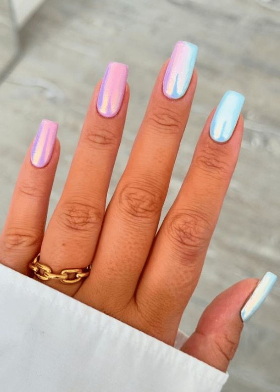 Mesmerizing Holographic Nail Design: Pastel Colors with Iridescent Finish