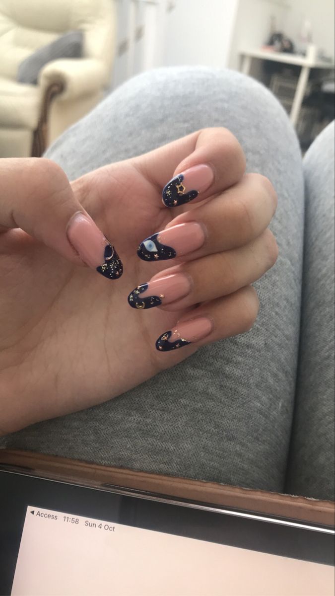 Chic French Tip Nail Design: Soft Pink and Deep Navy with Sparkling Accents