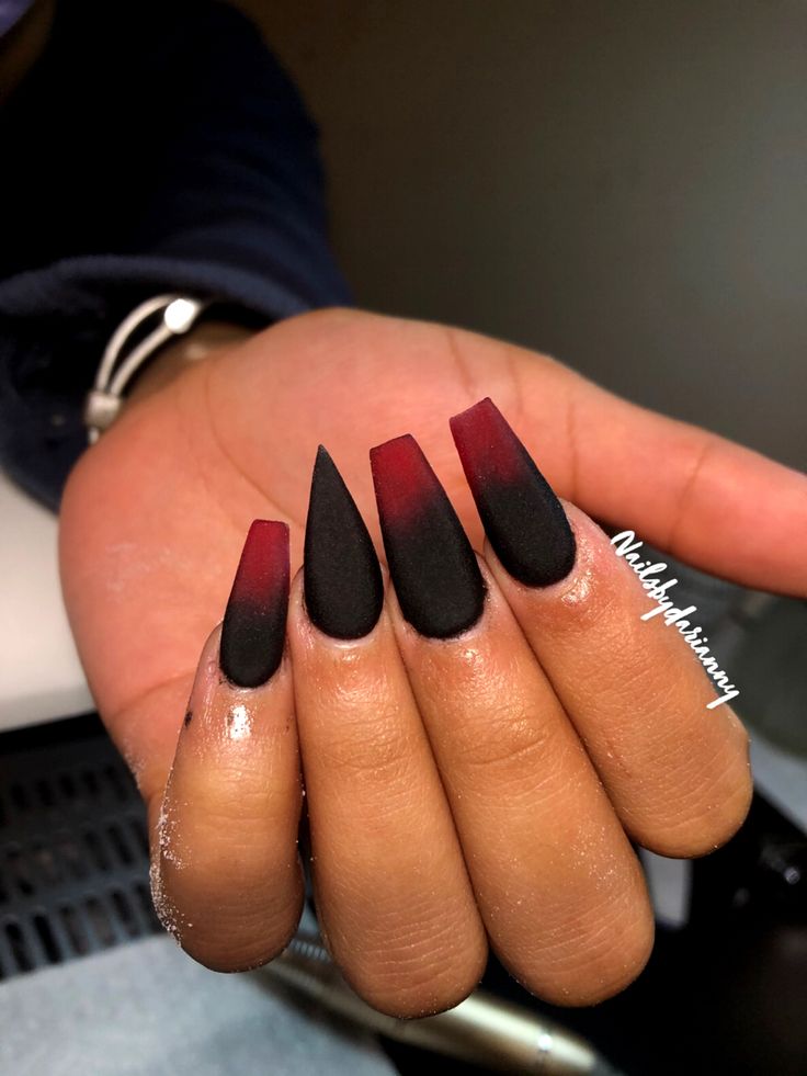 Elegant Ombre Stiletto Nails: Burgundy to Black Gradient with Matte Finish for a Bold Statement.