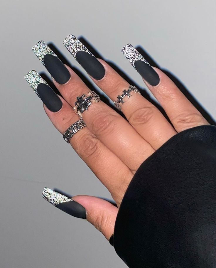 Edgy Long Square Nail Design with Matte Black and Glitter Accents