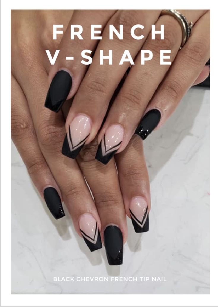 Chic Modern French Manicure with V-Shaped Black and Nude Tips.