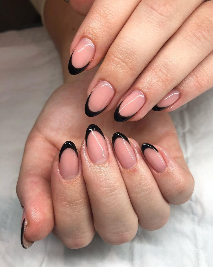 Chic Nude and Black Tip Nail Design: A Modern Minimalist Accent