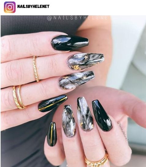 Elegant Black and Gray Marbled Nail Design with Glossy, Matte, and Gold Accents.