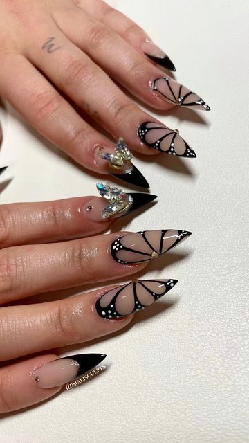 Elegant Butterfly-Inspired Nail Design with Translucent and Solid Black Tips.