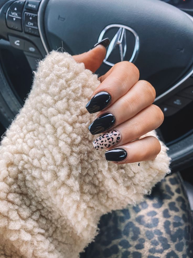 Chic Black and Leopard Print Nail Design for a Bold Statement.