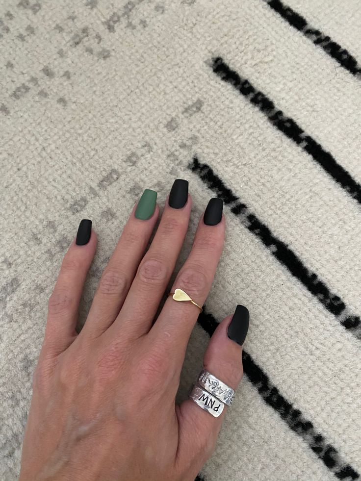 Edgy Minimalist Matte Nails in Black and Muted Green with Delicate Ring Accents