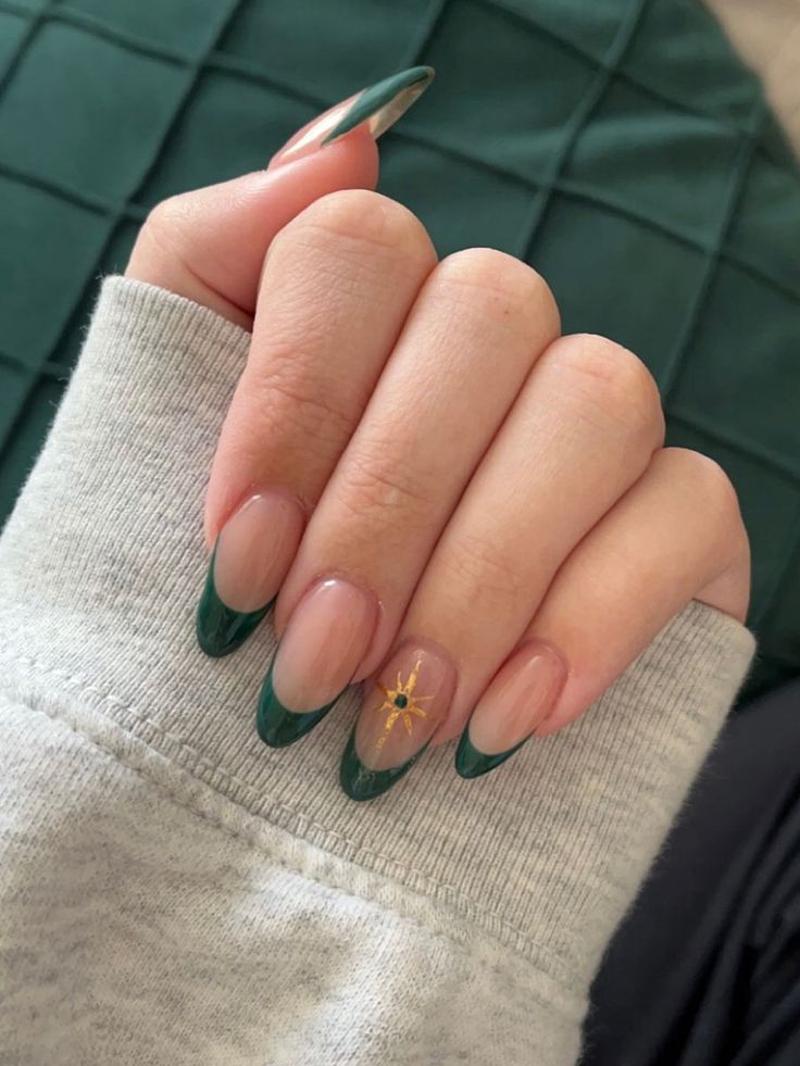 Chic French Tip Nail Design with Deep Green Tips and Floral Accents