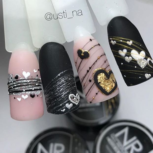 Chic Nail Designs: Striking Matte and Glossy Finishes with Heart Motifs and Glamorous Metallic Accents.