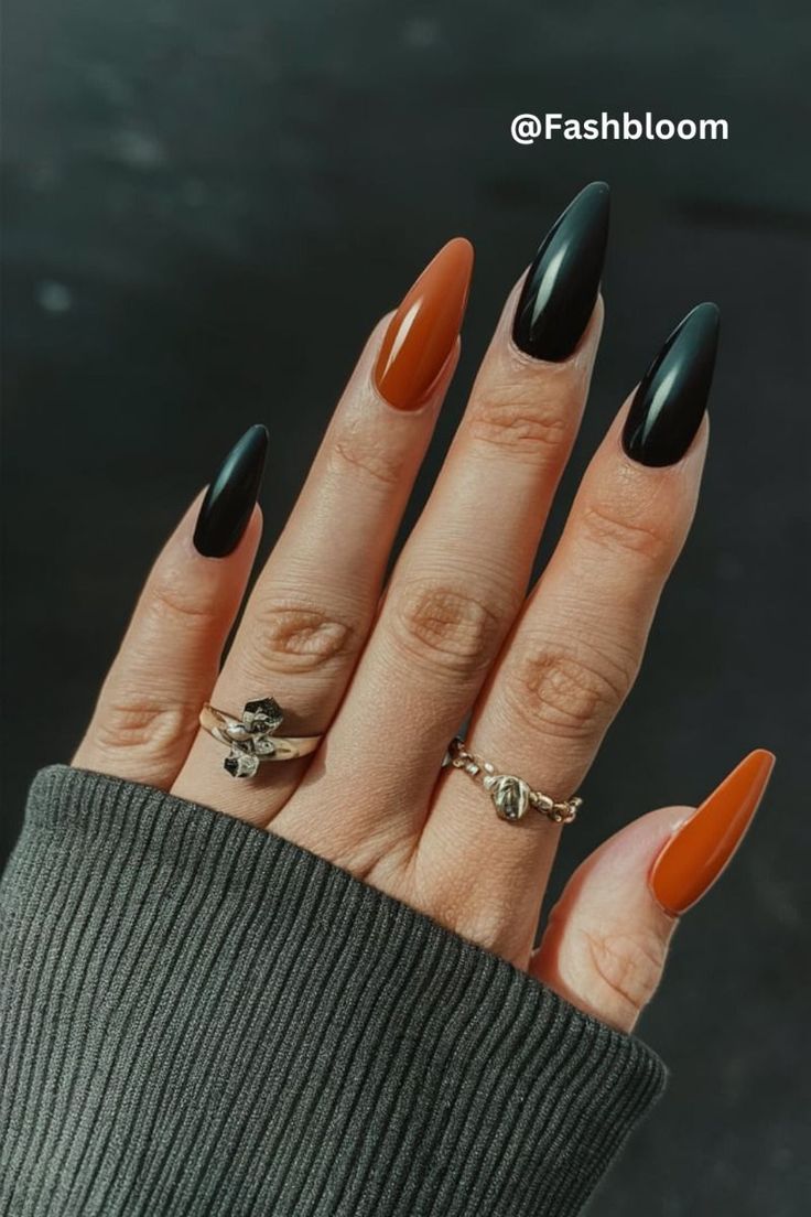 Chic Bold Nail Design with Elegant Contrast of Black and Burnt Orange