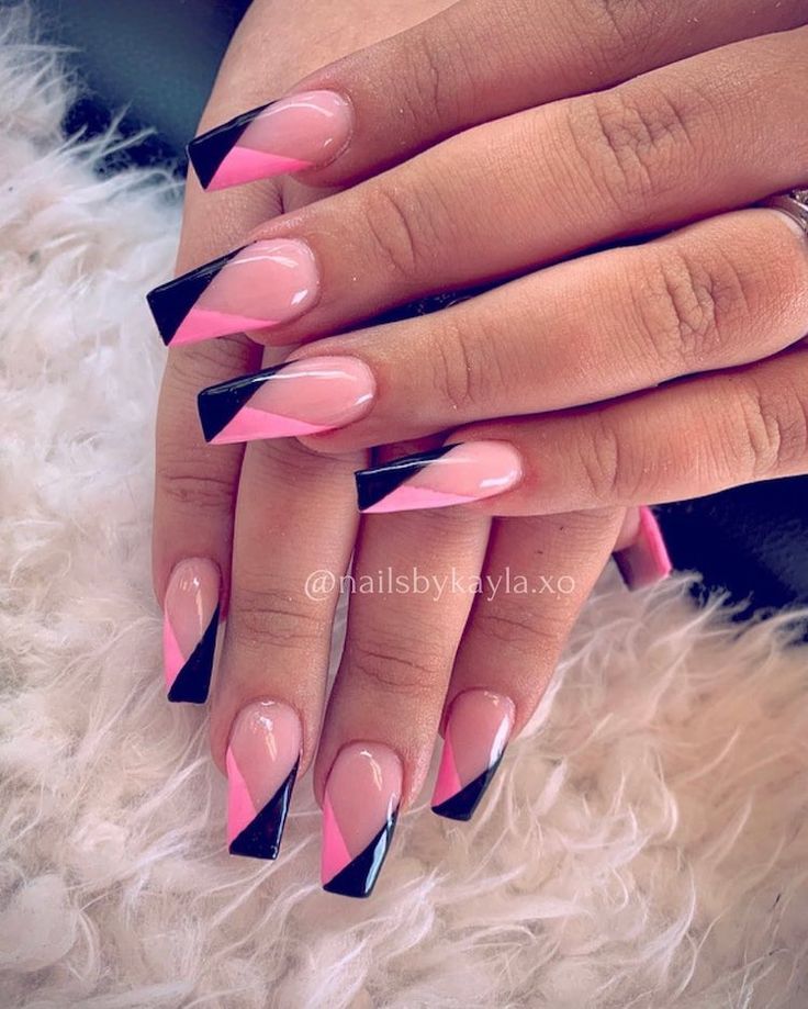 Bold Geometric French Tip: A Playful Blend of Pink, Black, and Nude Nail Design