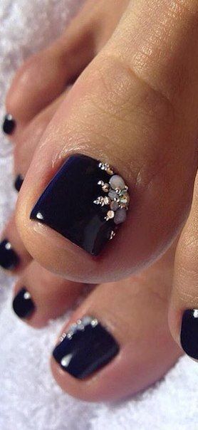 Sophisticated Elegant Pedicure: Deep Navy Polish with Glamorous Rhinestone Accents