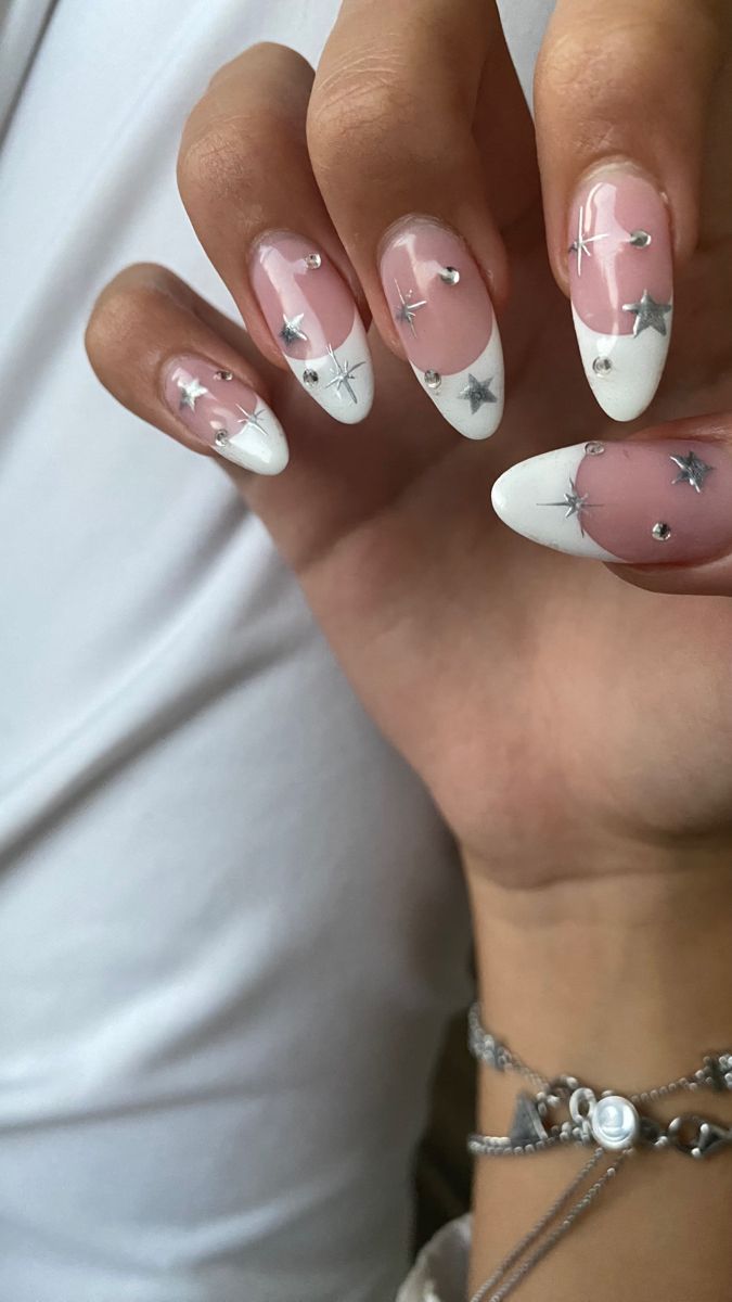 Elegant Pink and White Manicure with Silver Stars and Gems