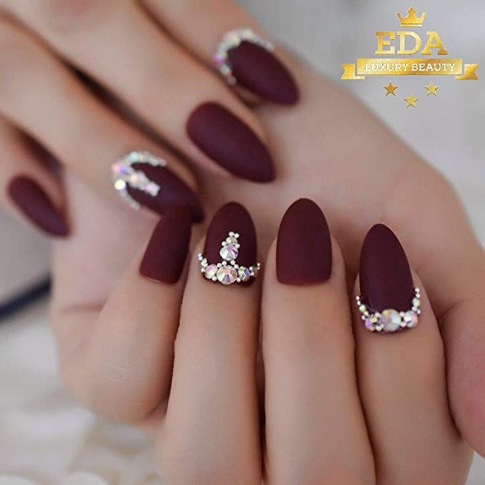 Elegant Burgundy Matte Nails with Rhinestone Accents for Sophisticated Occasions