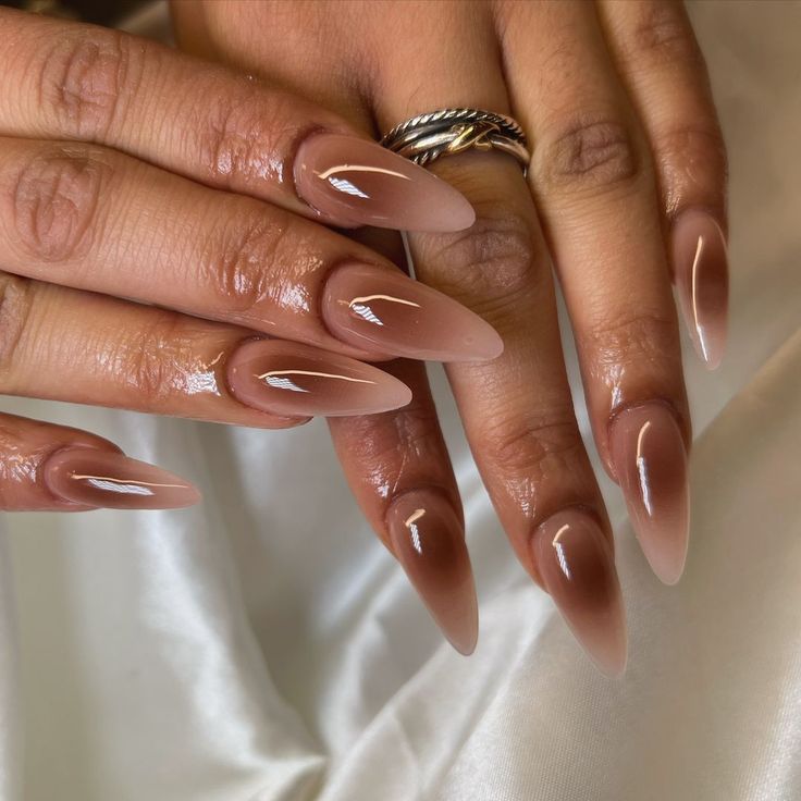 Chic Almond-Shaped Gradient Nails in Soft Nude and Deep Brown Shades