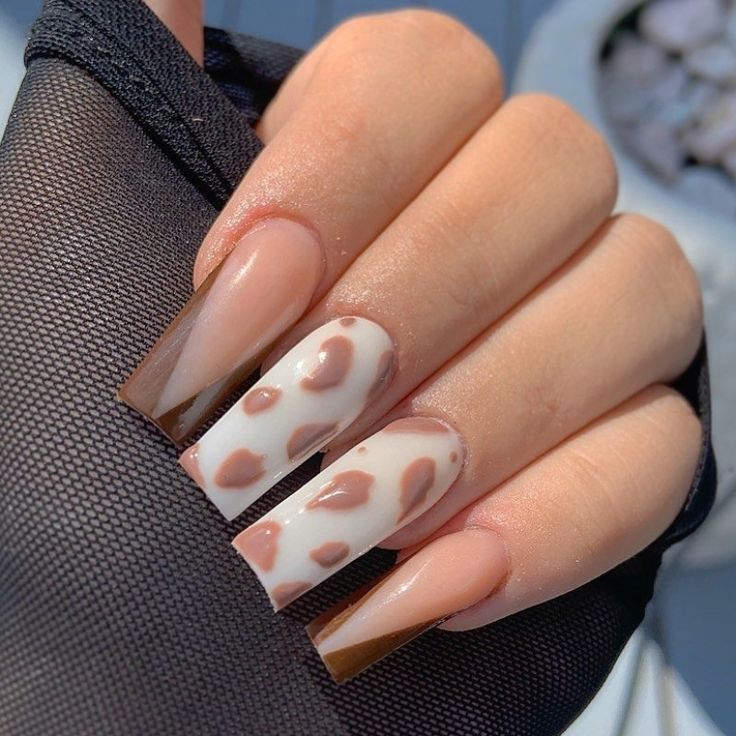 Trendy Chic Nail Design: Ombre Brown Tips with Playful Leopard Print