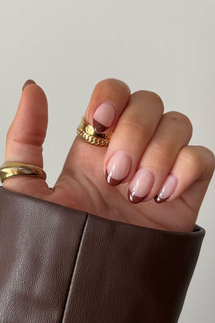 Chic Nude and Brown Gradient Nail Design with Metallic Accents